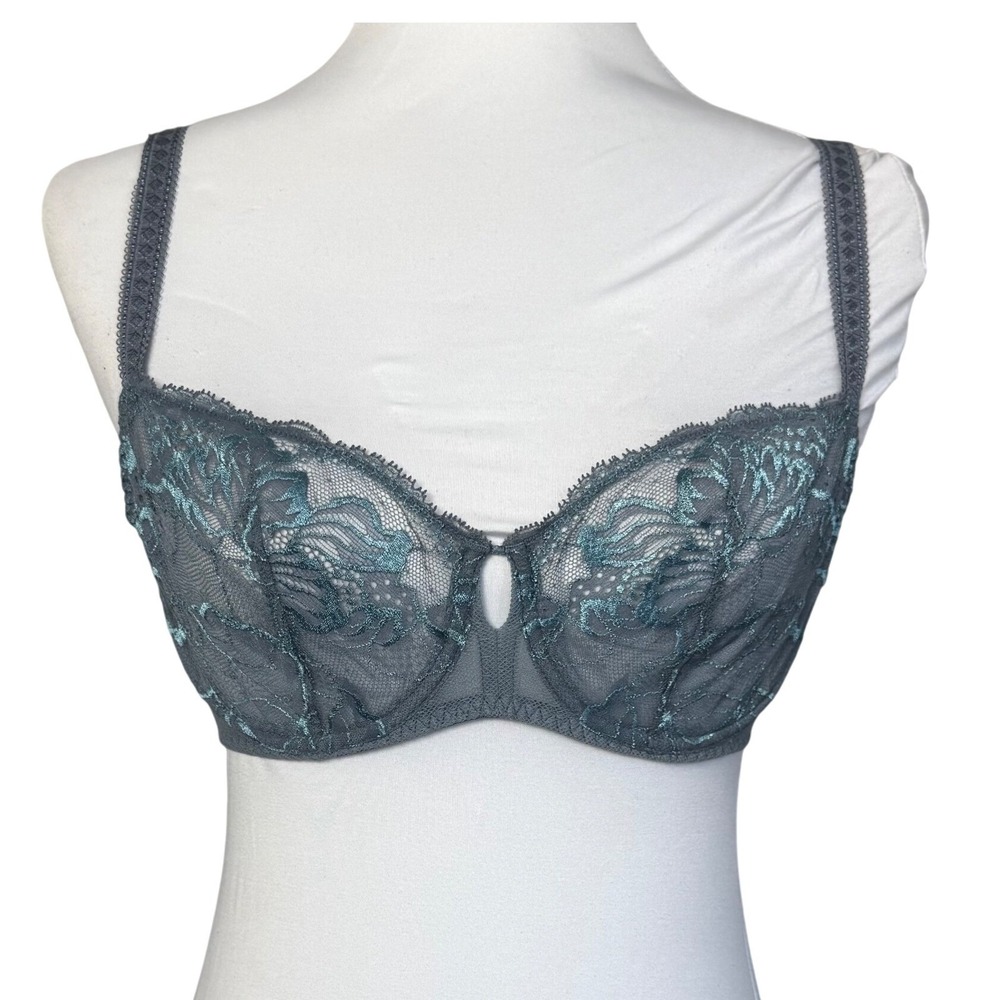 Simone Perele Bra Balconette Blue Lace Sheer Cup Romantic Underwire FR 90 34D